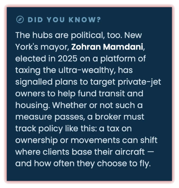 A Did You Know box on how city policy shifts where clients base their aircraft