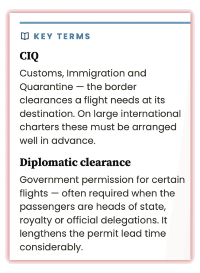 A Key Terms sidebar defining CIQ and diplomatic clearance
