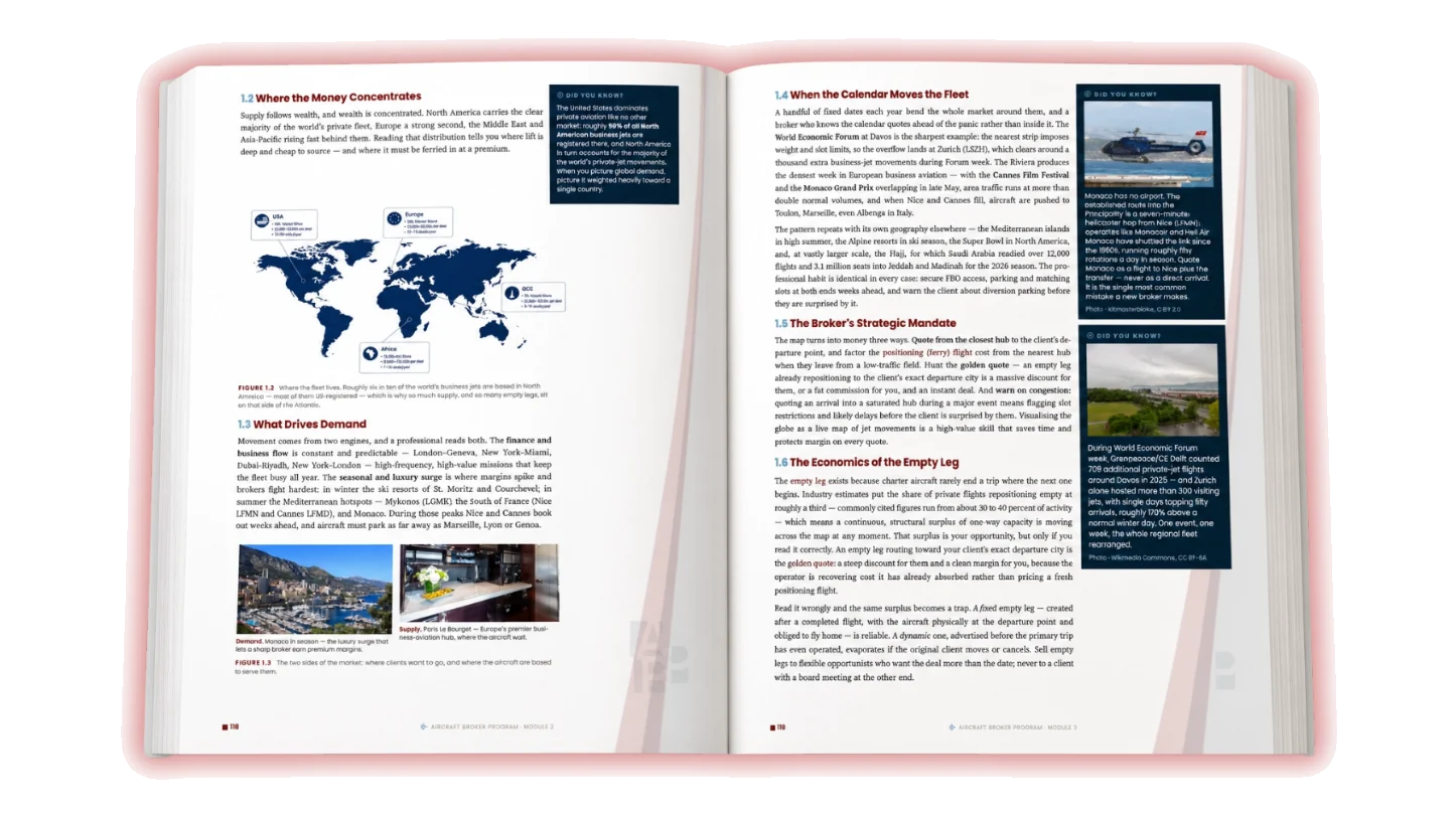 An open textbook spread showing where private aviation money concentrates, with a world map figure